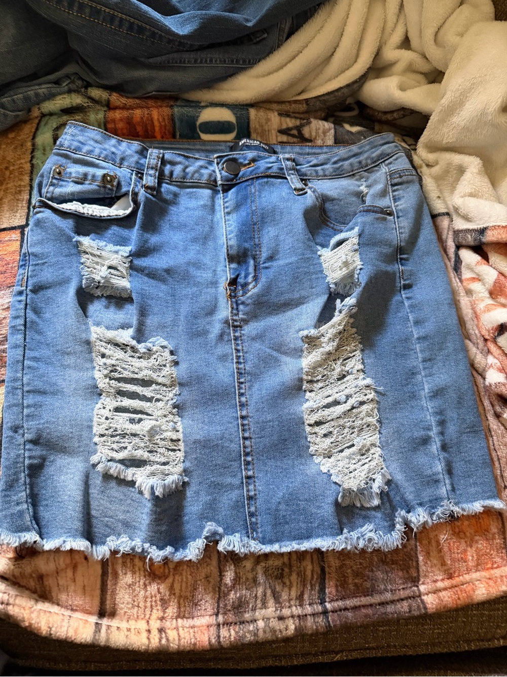 Distressed Light Blue Denim Mini Skirt - Casual Ripped Jean Skirt